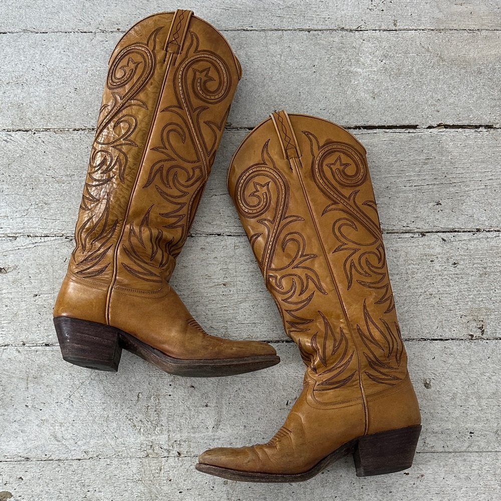 Vintage 70s Dan Post Leather Western Stitched Cowgirl Boots 5.5c